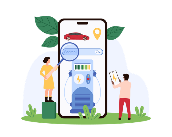 Personas trabajando en la aplicación de carga de vehículos eléctricos  Ilustración
