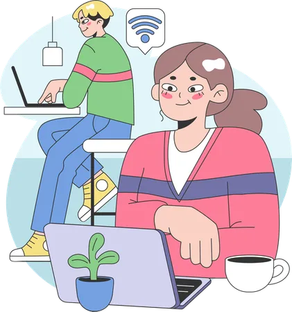 Personas que trabajan en una cafetería mientras usan wifi en la cafetería  Illustration