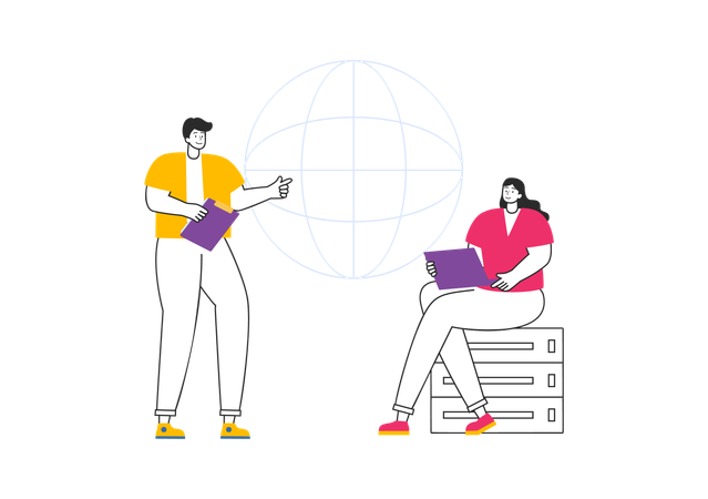 Personas trabajando en una computadora portátil usando conexión a internet  Ilustración