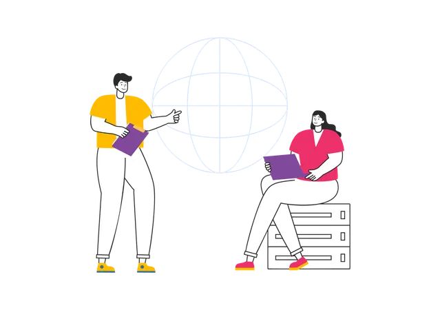 Personas trabajando en una computadora portátil usando conexión a internet  Ilustración