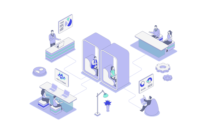 Personas trabajando en una oficina de espacio abierto  Ilustración