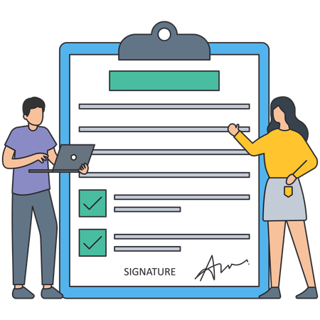 Personas trabajando en la revisión de contratos  Ilustración