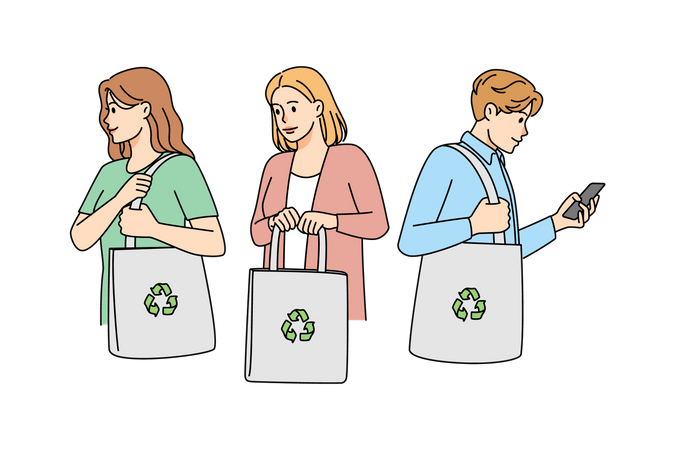 Personas que usan una bolsa ecológica mientras compran  Ilustración