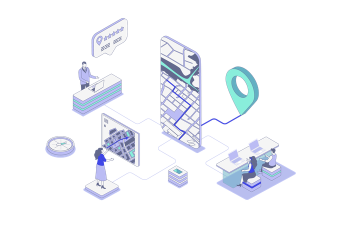Personas que utilizan la navegación por mapas  Ilustración