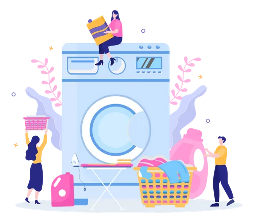 Personas que utilizan el servicio de lavandería.  Ilustración