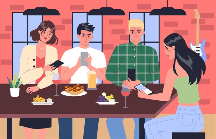 Personas que usan teléfonos inteligentes mientras cenan en un restaurante  Ilustración