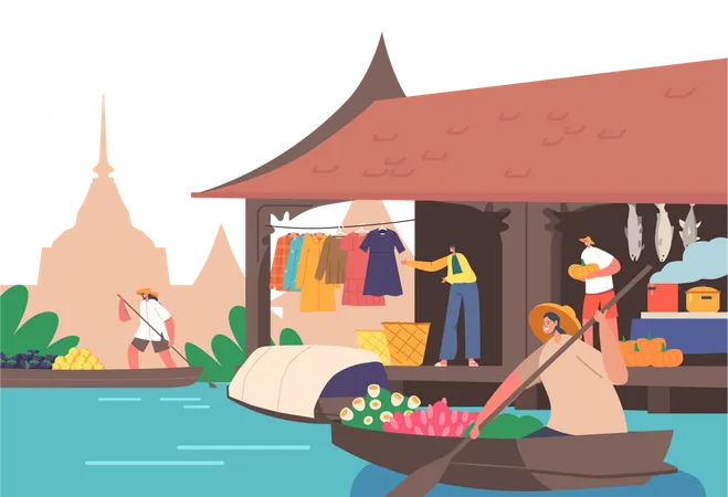 La gente vende y compra productos en el mercado flotante de Tailandia  Ilustración