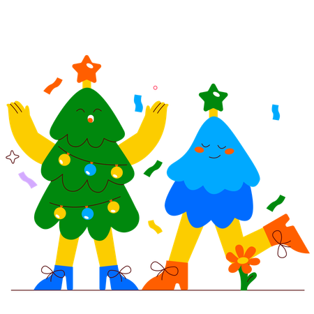 Personas vestidas con disfraces de árbol de Navidad para la celebración.  Ilustración