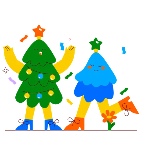 Personas vestidas con disfraces de árbol de Navidad para la celebración.  Ilustración