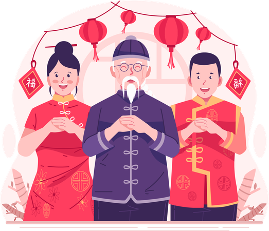 Personas vestidas con trajes tradicionales chinos realizan gestos de saludo con el puño y la palma para desear un feliz año nuevo chino  Ilustración