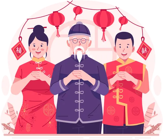 Personas vestidas con trajes tradicionales chinos realizan gestos de saludo con el puño y la palma para desear un feliz año nuevo chino  Ilustración