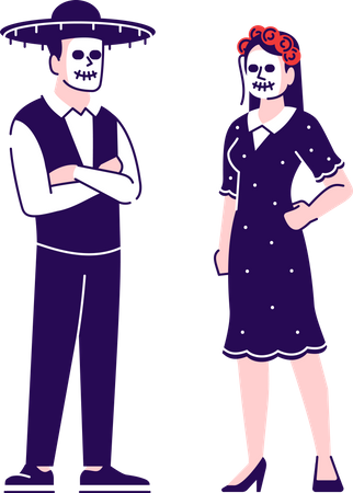 Personas vestidas con trajes tradicionales mexicanos del día de muertos.  Ilustración