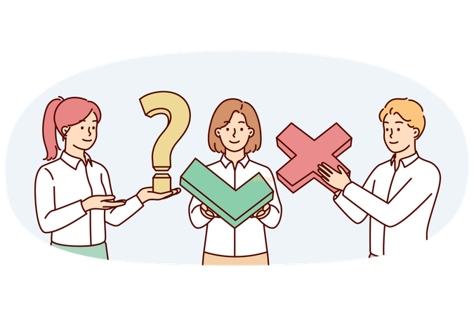 Personas vestidas para trabajar en una oficina, empleados de un equipo cohesionado, sostienen un signo de tic y cruz o de interrogación.  Ilustración