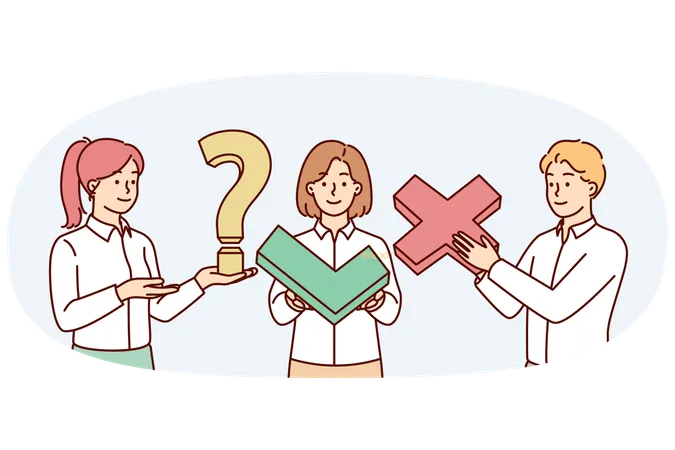Personas vestidas para trabajar en una oficina, empleados de un equipo cohesionado, sostienen un signo de tic y cruz o de interrogación.  Ilustración