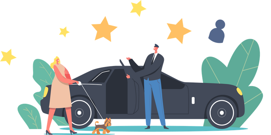 Personas VIP con perro atado entran en limusina con conductor  Illustration