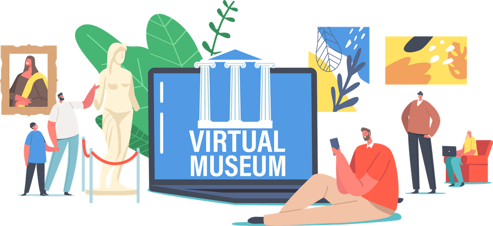 Personas que visitan el museo virtual  Ilustración