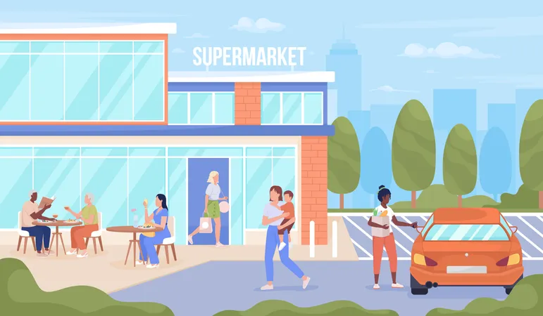 Gente que visita el supermercado urbano  Ilustración