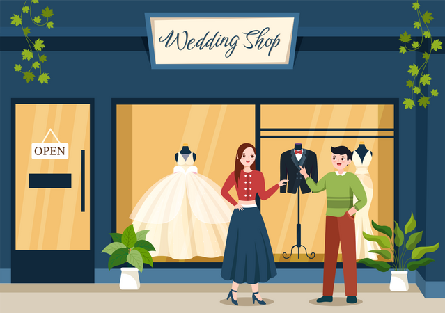 Personas visitando la tienda de bodas  Ilustración