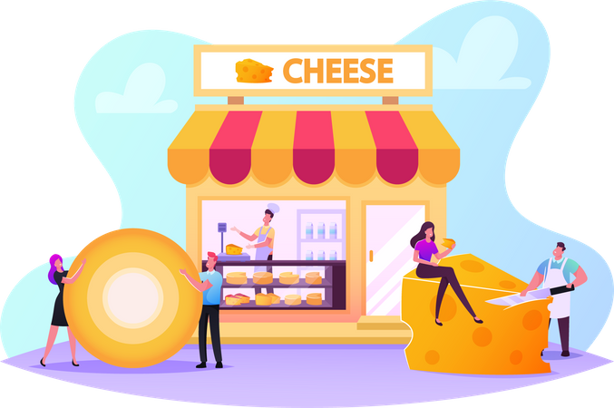 Personas que visitan la tienda de quesos  Ilustración