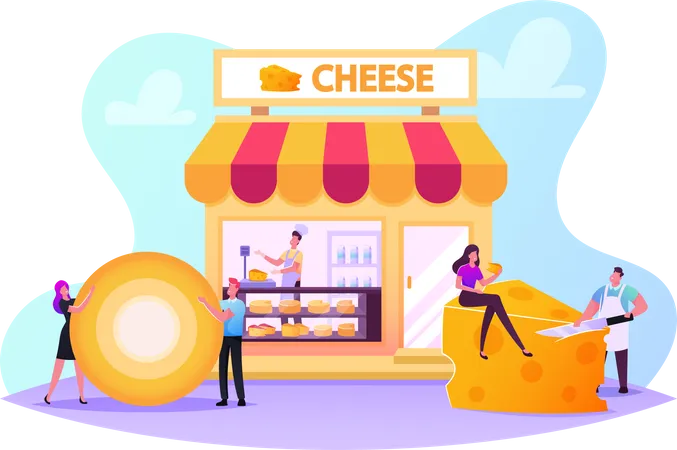 Personas que visitan la tienda de quesos  Ilustración