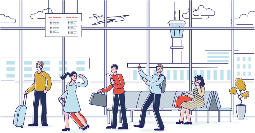 Aeropuerto Durante La Epidemia De Covid 19 Con Gente Tosiendo Y Usando Mascara Medidas De Prevencion De Epidemias Y Viajes Con Concepto De Coronavirus Ilustracion De Vector Lineal De Dibujos Animados Ilustración