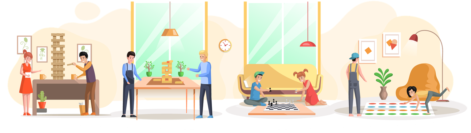 Personas y niños se divierten pasando tiempo juntos en casa.  Ilustración