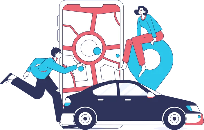 Persone che trovano un'auto utilizzando l'applicazione mobile  Illustration