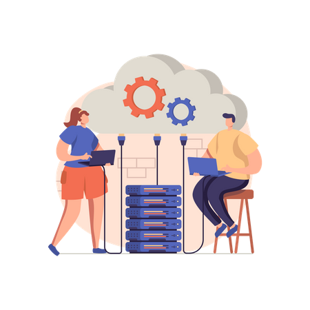 Personen, die Daten auf einen Cloud-Server hochladen  Illustration