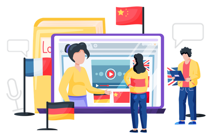 Personen, die einen Online-Sprachkurs im Internet absolvieren  Illustration