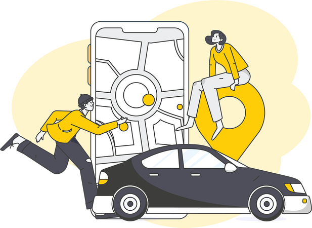 Personen, die mithilfe einer mobilen Anwendung ein Auto finden  Illustration