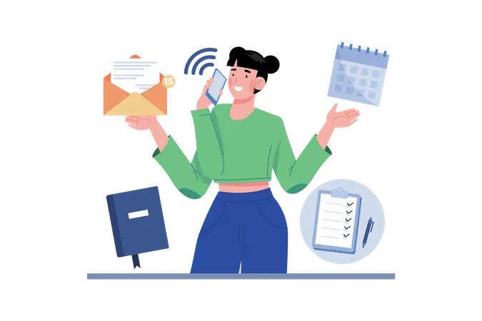 Persönlicher Assistent zur Planung von Besprechungen und zur Verwaltung von E-Mails während Telefongesprächen  Illustration