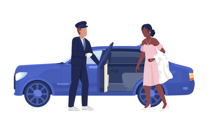 Persönlicher Chauffeur und Dame im Luxuskleid  Illustration