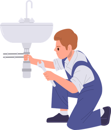 Caractère de bricoleur réparant un tuyau d'évier cassé avec une clé dans la salle de bain à domicile  Illustration