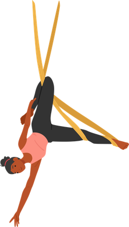 Personnage féminin agile en équilibre gracieux dans un hamac de yoga aérien  Illustration