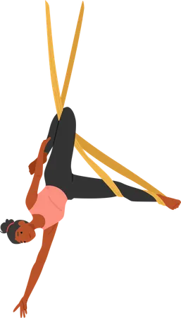 Personnage féminin agile en équilibre gracieux dans un hamac de yoga aérien  Illustration