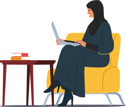 Caractère déterminé de femme d'affaires musulmane arabe concentré sur son ordinateur portable  Illustration