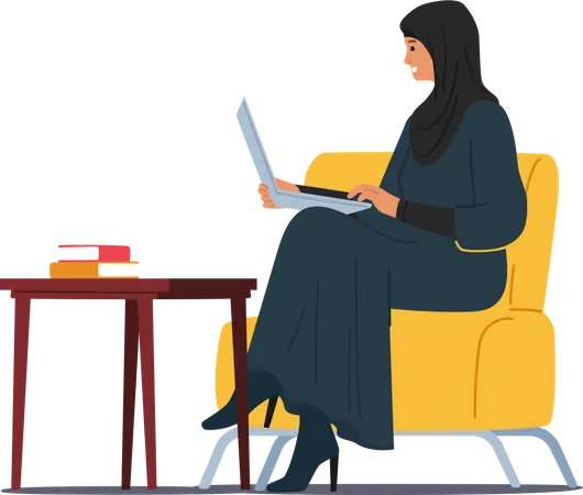 Caractère déterminé de femme d'affaires musulmane arabe concentré sur son ordinateur portable  Illustration
