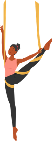 Personnage féminin gracieux suspendu dans un hamac de yoga aérien avec la jambe levée  Illustration