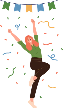 Personnage de femme heureuse célébrant la victoire ou la réalisation d'un objectif sautant de joie et de plaisir sous des confettis  Illustration