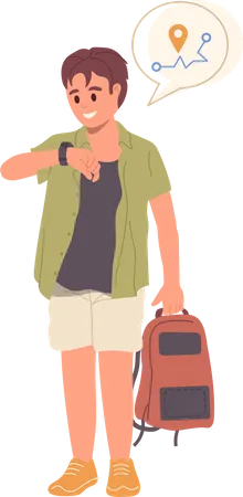 Jeune personnage scout d'écolier utilisant une montre intelligente pour la navigation et la vérification de l'itinéraire avec l'application  Illustration