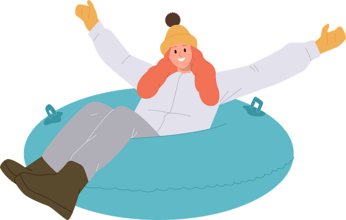 Heureux personnage de jeune femme souriante en vêtements d'hiver chevauchant un tube gonflable en descente  Illustration