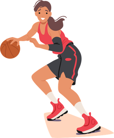 Le personnage déterminé du joueur de basket-ball fille dribble le ballon avec vitesse et précision  Illustration