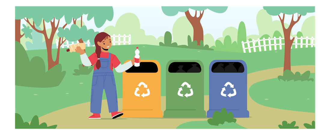 Un personnage de petite fille jette des déchets dans des poubelles  Illustration