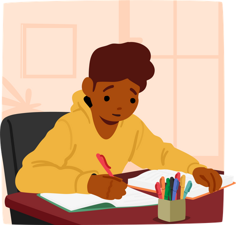 Personnage d'écolier concentré accomplissant avec diligence ses devoirs à son bureau  Illustration