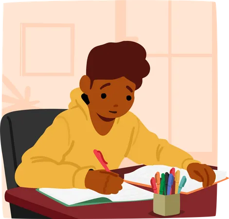 Personnage d'écolier concentré accomplissant avec diligence ses devoirs à son bureau  Illustration