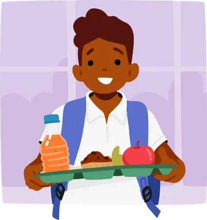 Personnage de garçon étudiant tenant un plateau de déjeuner naviguant avec impatience dans la cafétéria animée  Illustration