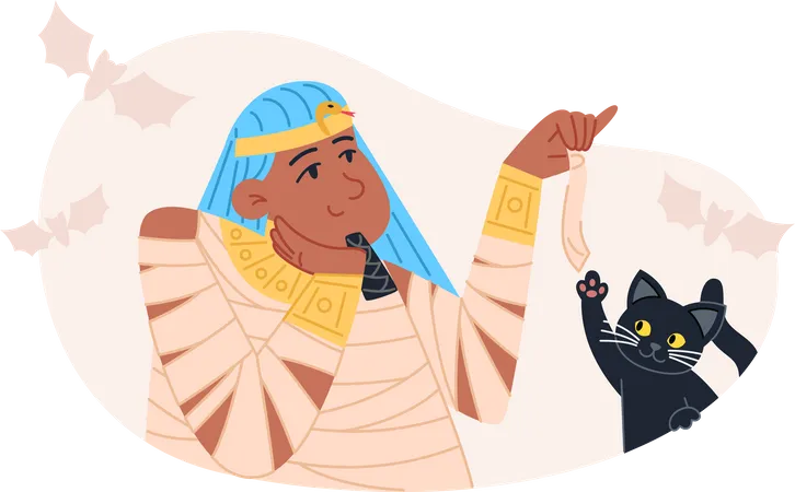 Personnage d'Halloween Pharaon jouant avec un chat noir  Illustration