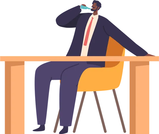 Le personnage de l'homme de bureau s'assoit au bureau, prenant une pause rafraîchissante. Il prend une bouteille et étanche sa soif avec une gorgée fraîche  Illustration