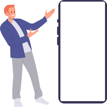Caractère d'homme heureux pointant à deux mains vers l'écran blanc d'un énorme smartphone pour la publicité  Illustration