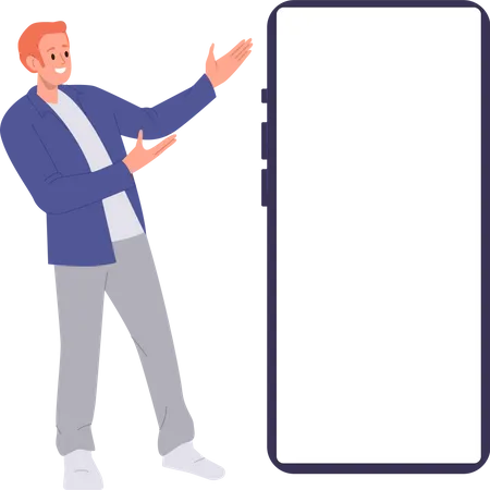 Caractère d'homme heureux pointant à deux mains vers l'écran blanc d'un énorme smartphone pour la publicité  Illustration